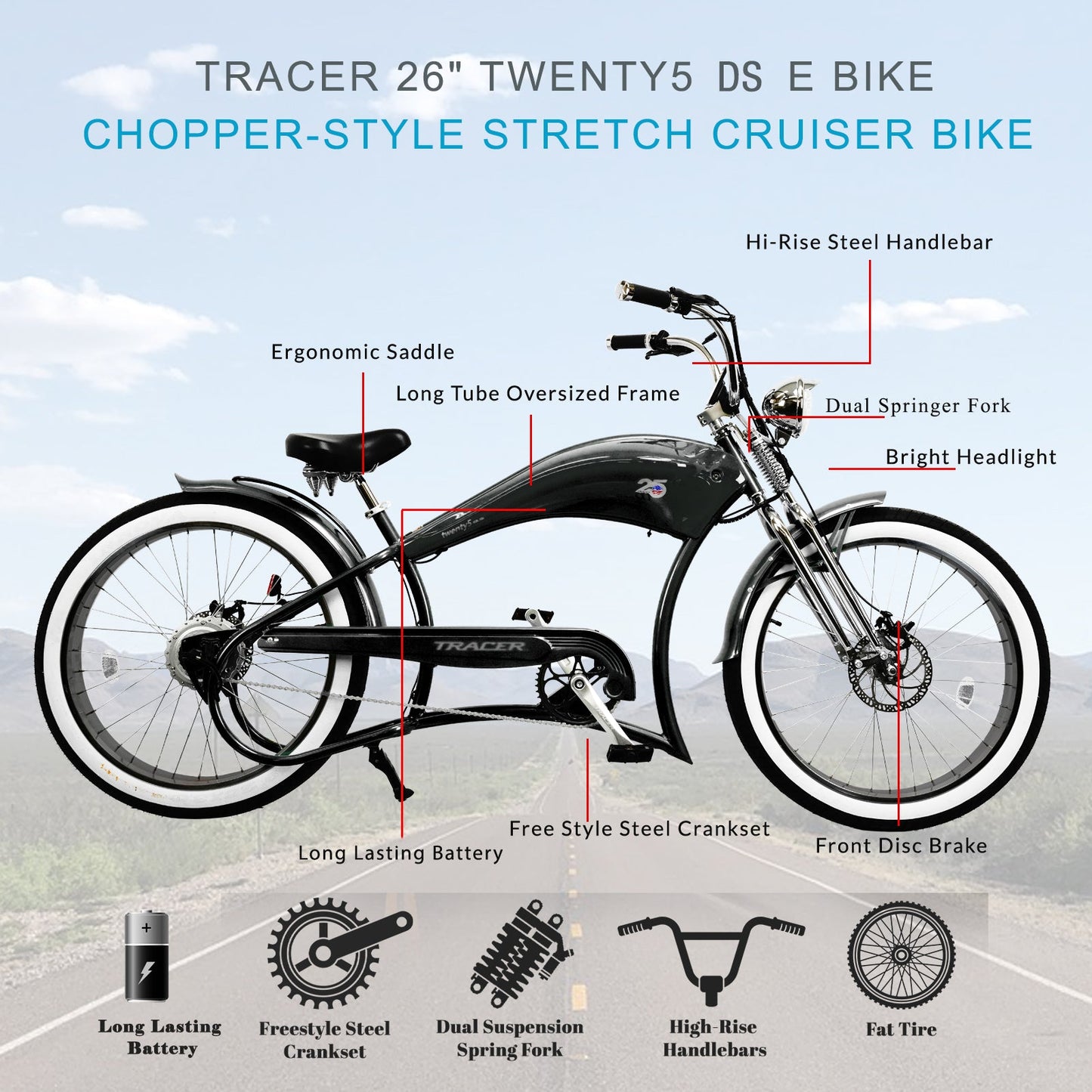 Tracer Stretch Chopper Electric Bike – 26" Fat Tire, 500W Motor, 30-50 Mile Range
