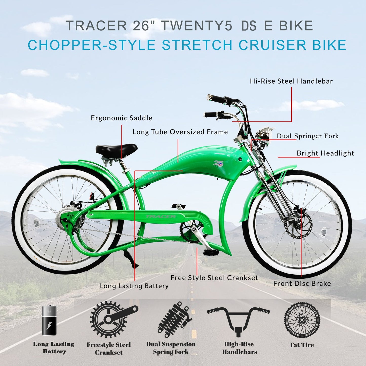Tracer Stretch Chopper Electric Bike – 26" Fat Tire, 500W Motor, 30-50 Mile Range
