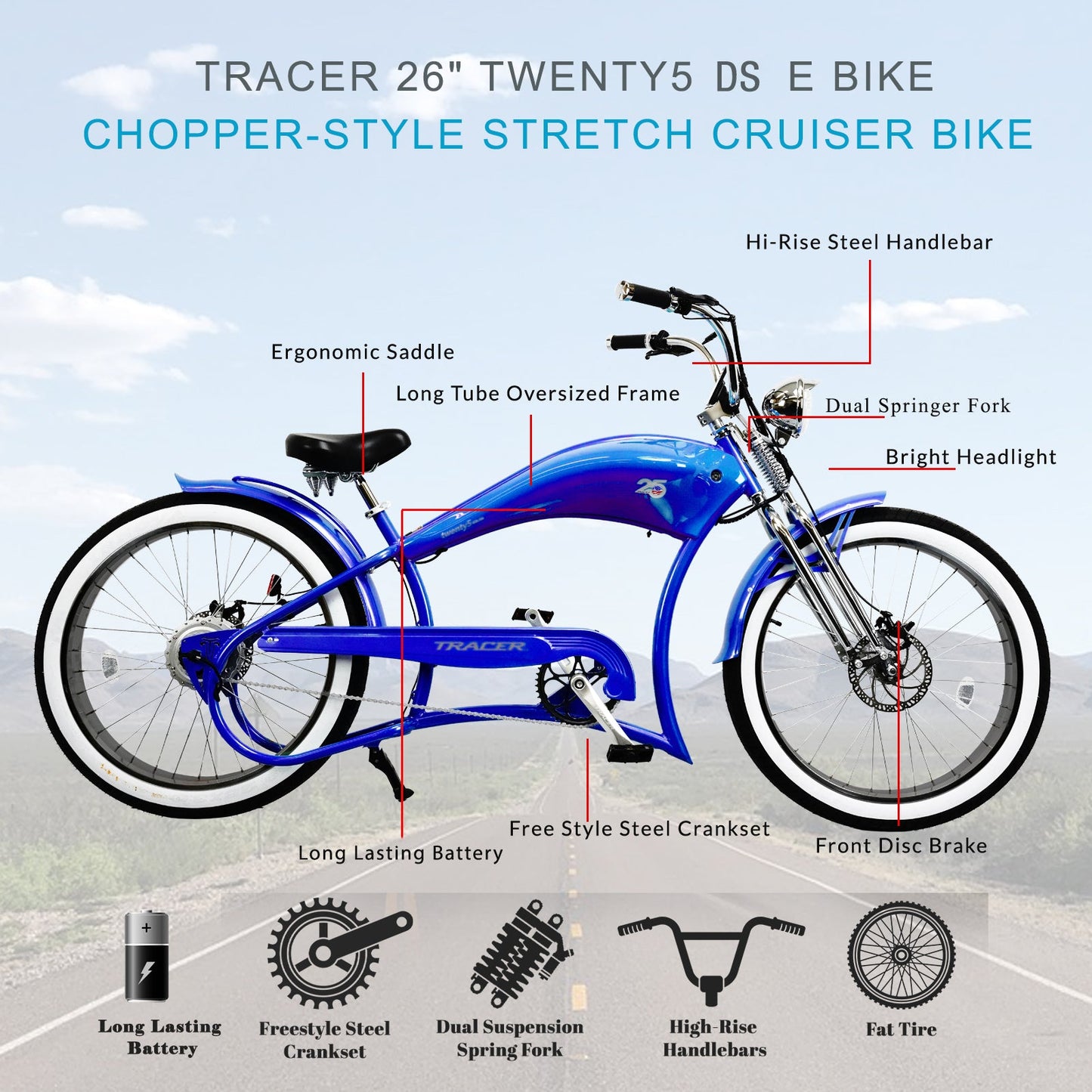 Tracer Stretch Chopper Electric Bike – 26" Fat Tire, 500W Motor, 30-50 Mile Range