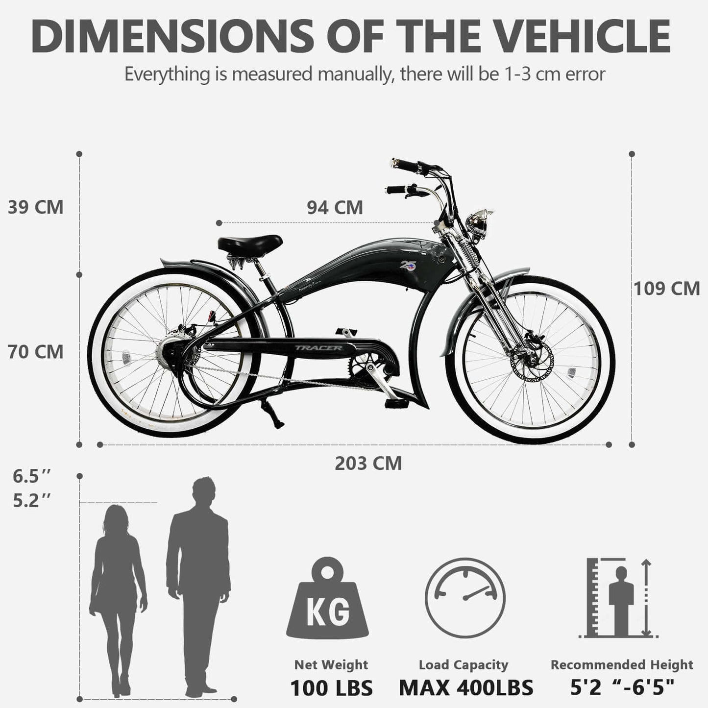 Tracer Stretch Chopper Electric Bike – 26" Fat Tire, 500W Motor, 30-50 Mile Range
