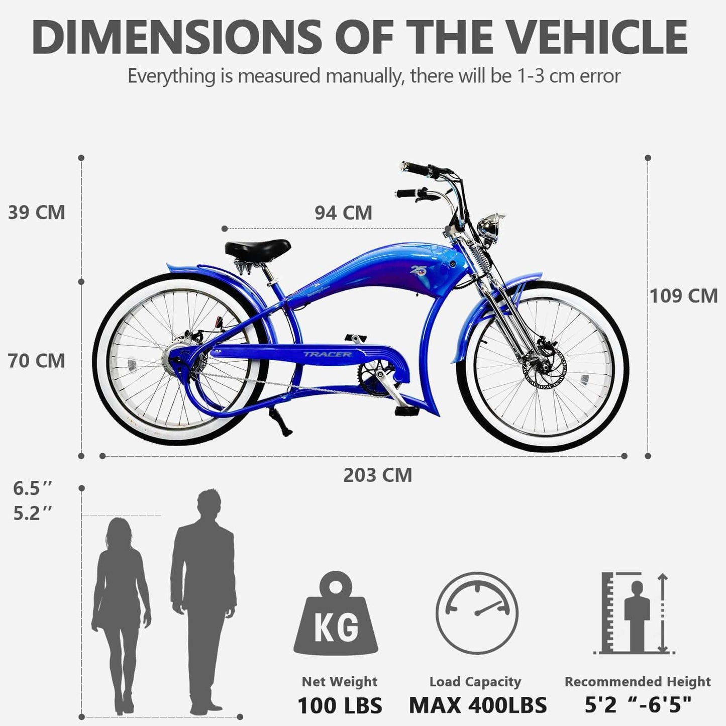 Tracer Stretch Chopper Electric Bike – 26" Fat Tire, 500W Motor, 30-50 Mile Range