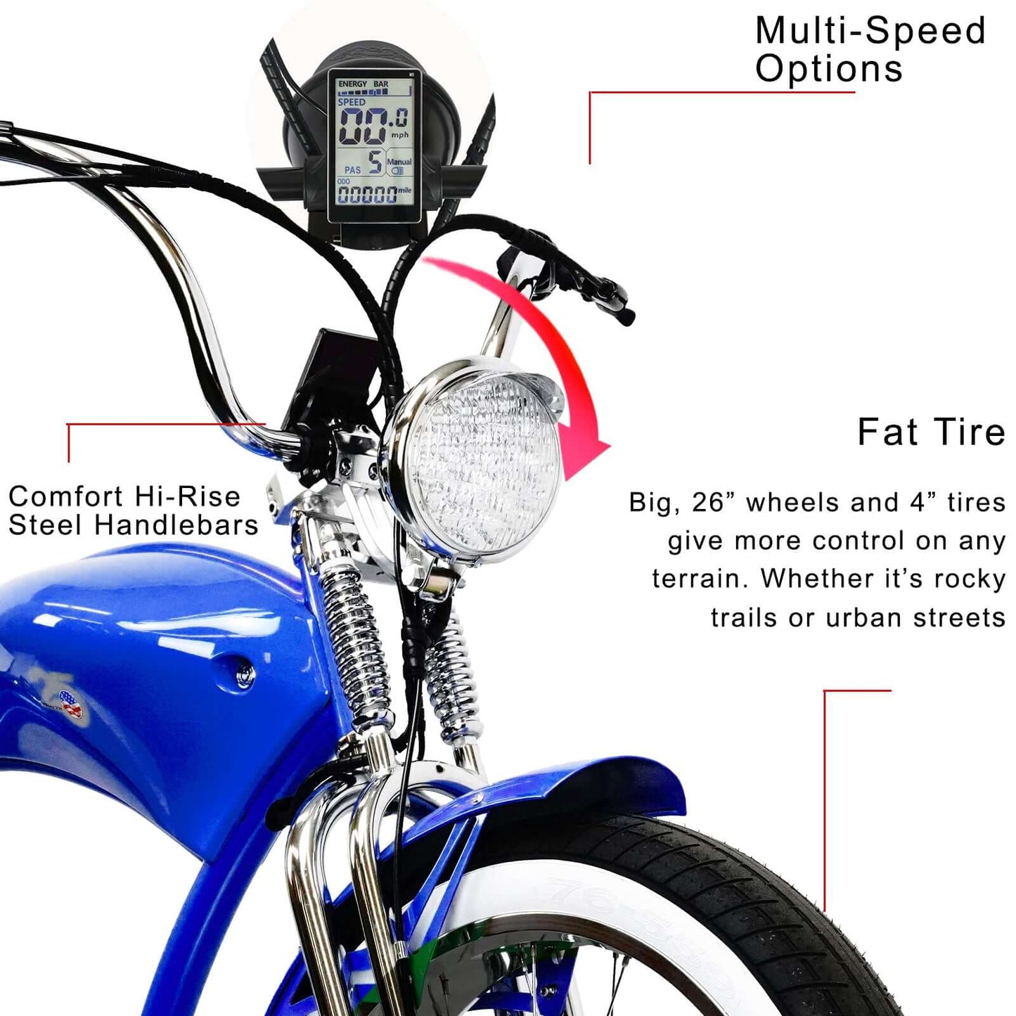Tracer Stretch Chopper Electric Bike – 26" Fat Tire, 500W Motor, 30-50 Mile Range