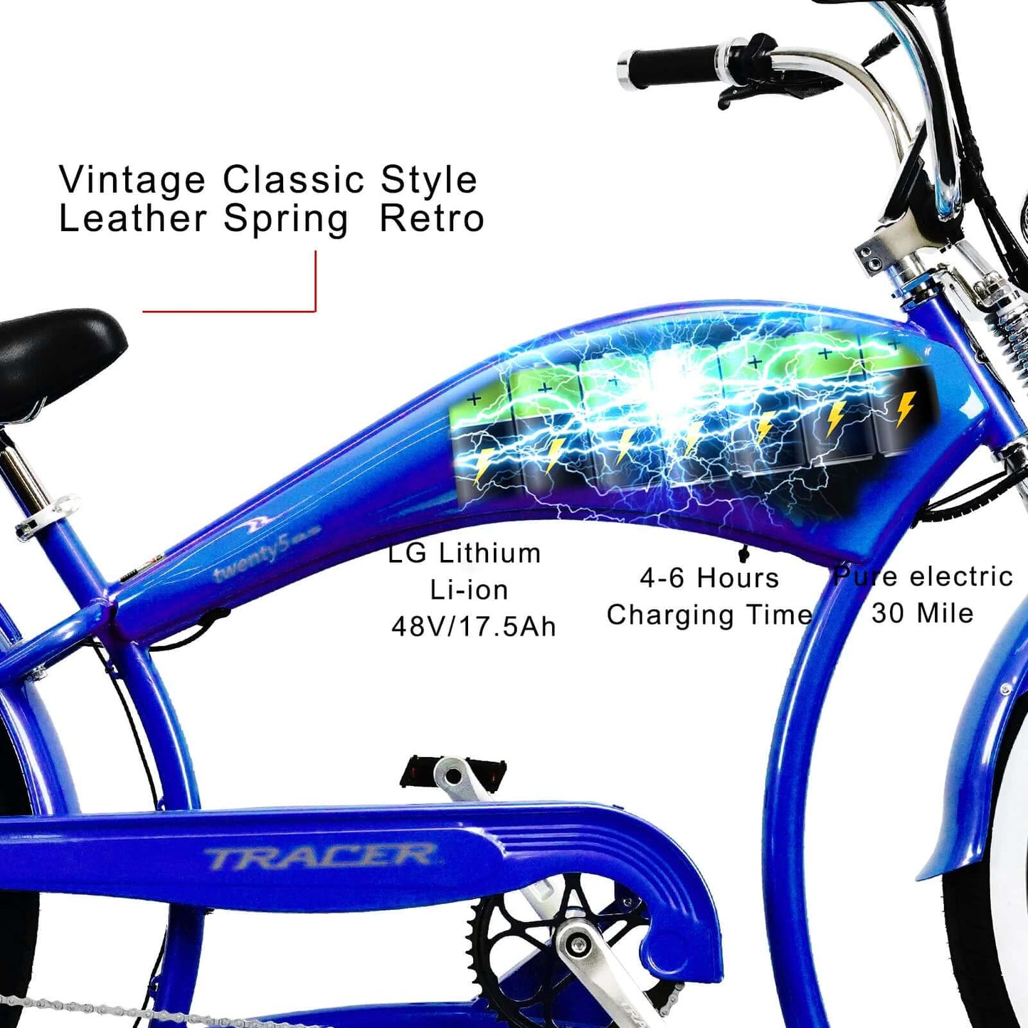 Tracer Stretch Chopper Electric Bike – 26" Fat Tire, 500W Motor, 30-50 Mile Range