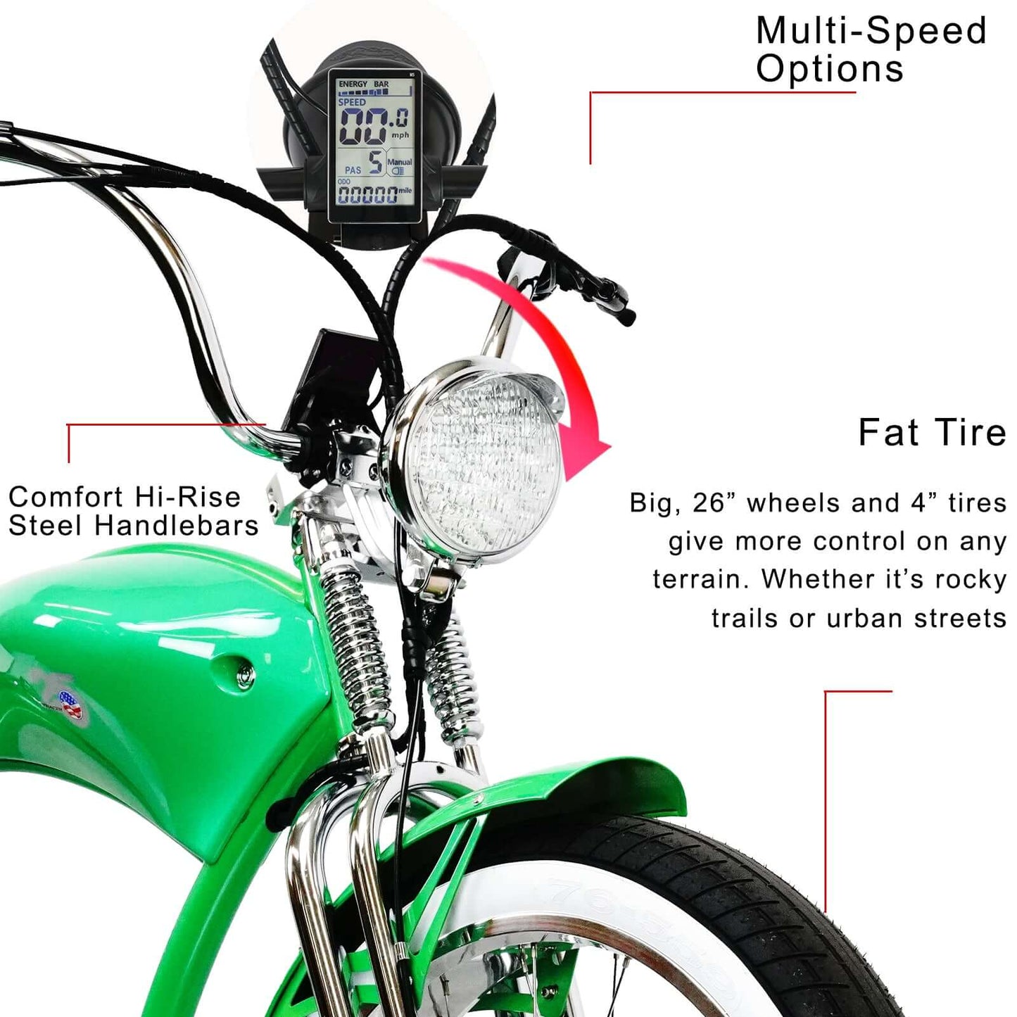 Tracer Stretch Chopper Electric Bike – 26" Fat Tire, 500W Motor, 30-50 Mile Range