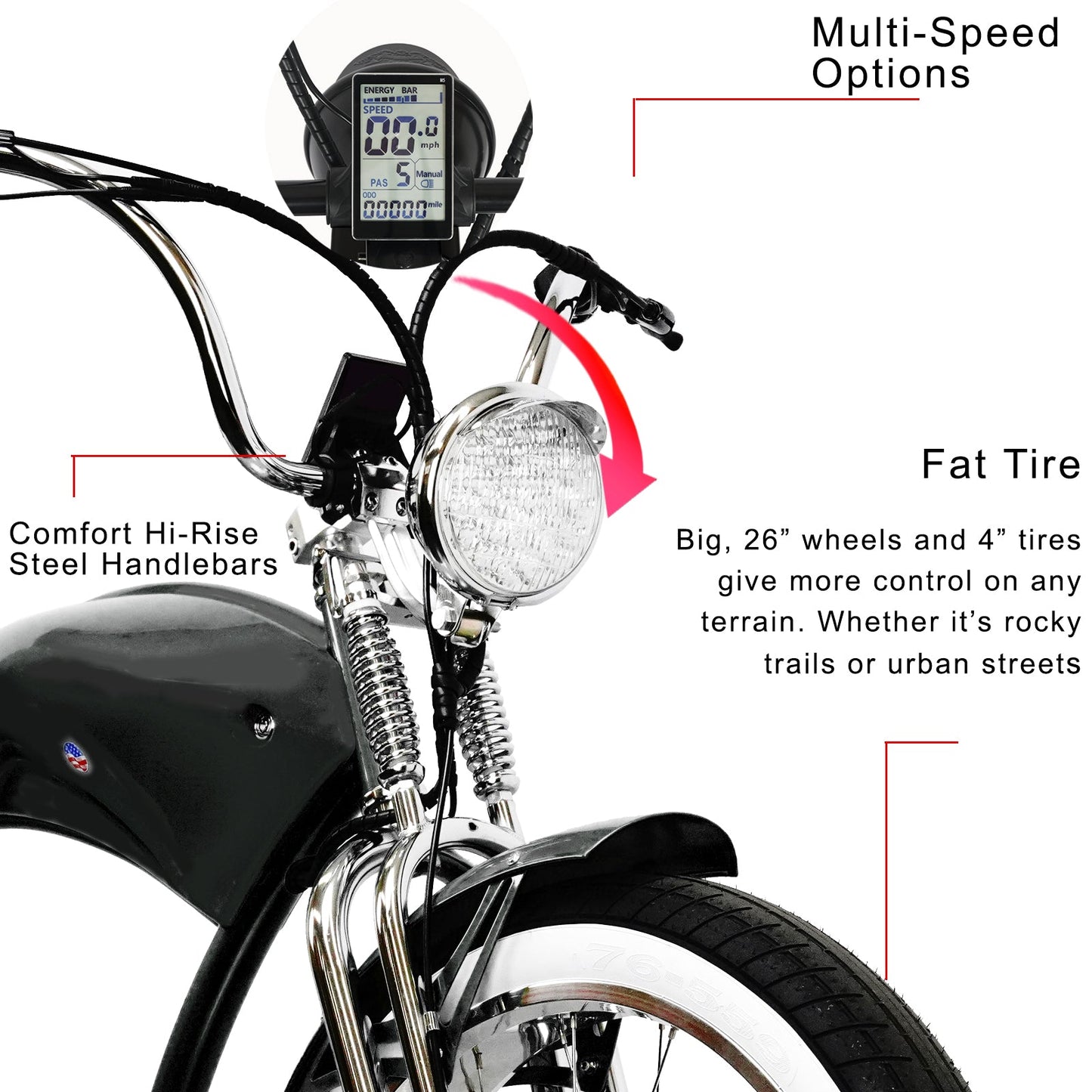 Tracer Stretch Chopper Electric Bike – 26" Fat Tire, 500W Motor, 30-50 Mile Range