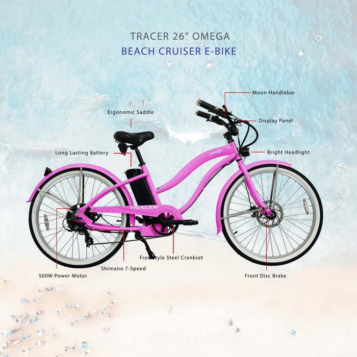 Tracer OMEGA 26" 7 Speed Electric Beach Cruiser Bike for WOMEN 500W