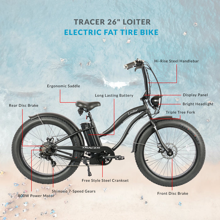 Tracer Loiter Electric Cruiser Bike – 800W Motor, 26" Fat Tires, 25mph Max Speed