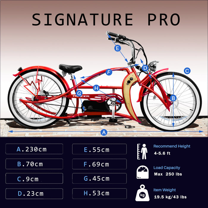 Tracer Signature Pro 26'' 800W Chopper Cruiser Electric Bike w/ Cigarette Lighter & USB Charging Port