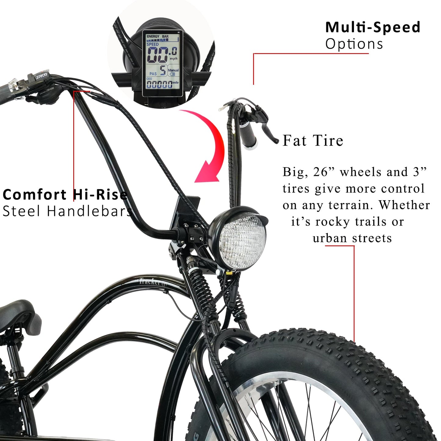 Tracer Tracker DS7  26" 7 Speed Stretch E-Bike with Classic Dual Springer Fork.