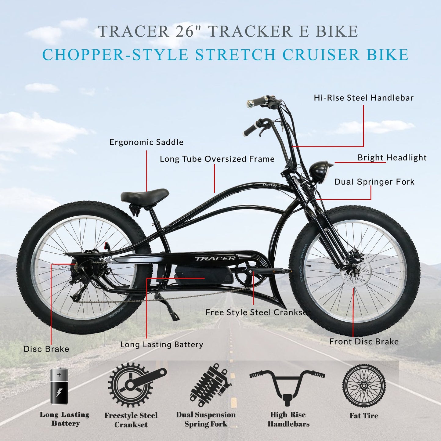 Tracer Tracker DS7  26" 7 Speed Stretch E-Bike with Classic Dual Springer Fork.
