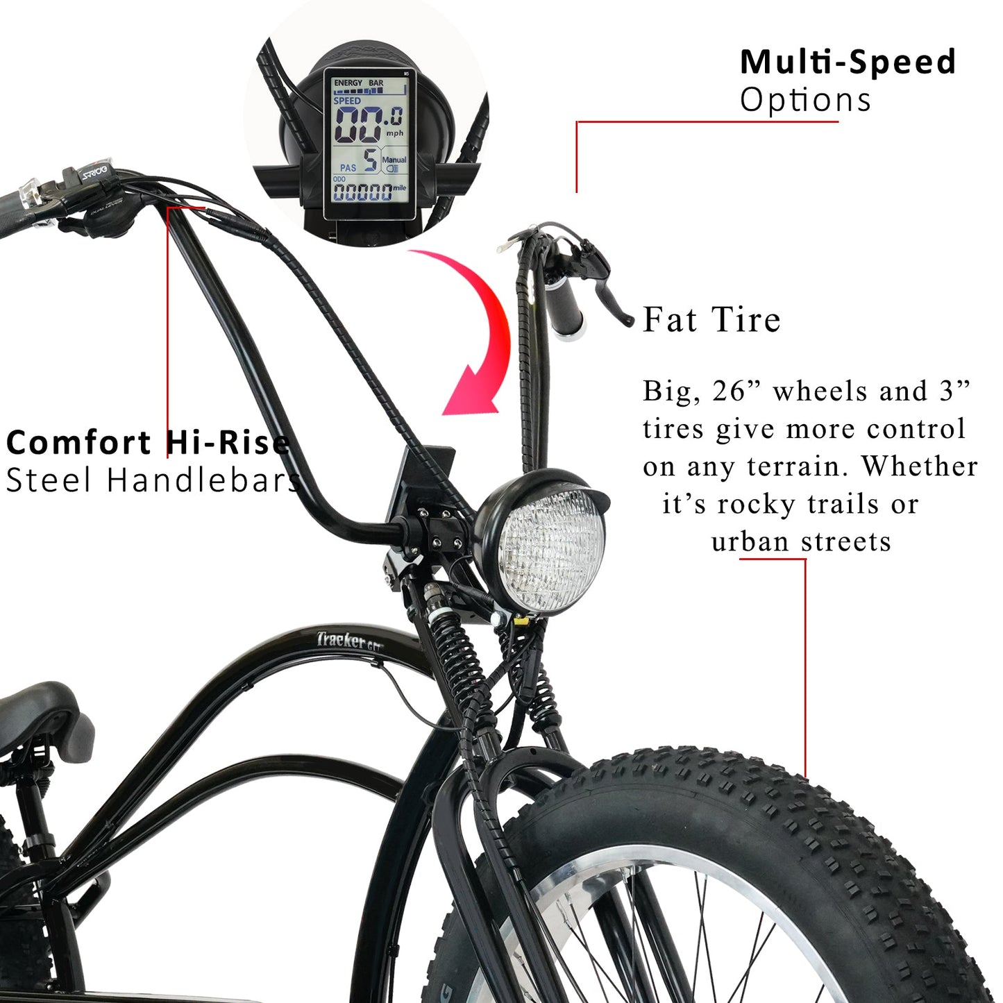 Tracer Tracker DS7  26" 7 Speed Stretch E-Bike with Classic Dual Springer Fork.