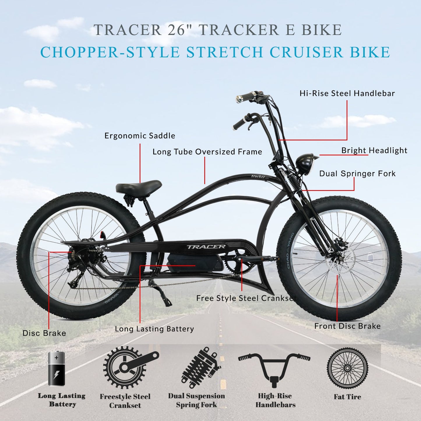 Tracer Tracker DS7  26" 7 Speed Stretch E-Bike with Classic Dual Springer Fork.