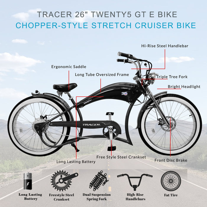 Tracer Twenty5 GT 500W 26" Chopper Cruiser E-Bikes