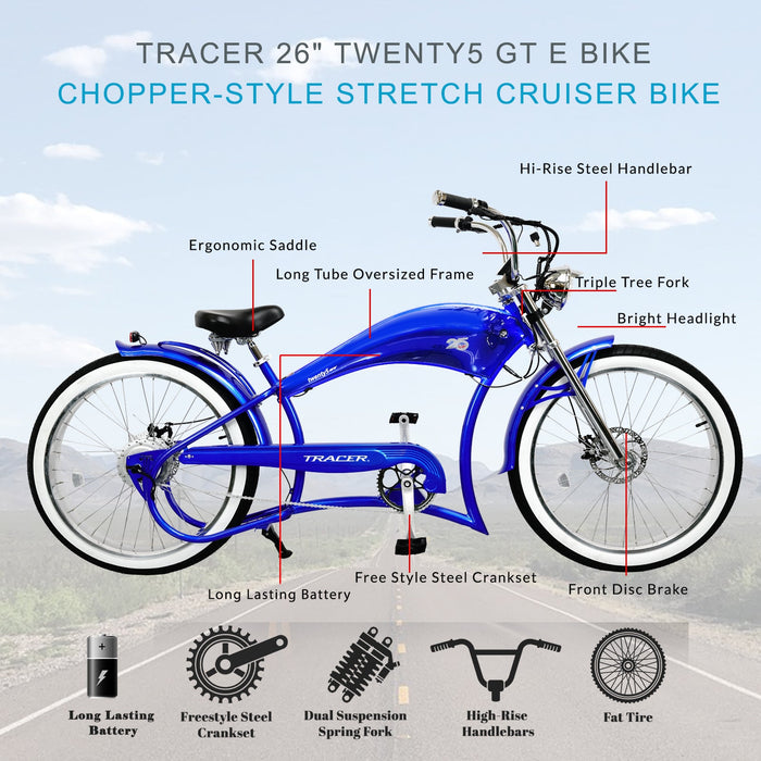 Tracer Twenty5 GT 500W 26" Chopper Cruiser E-Bikes