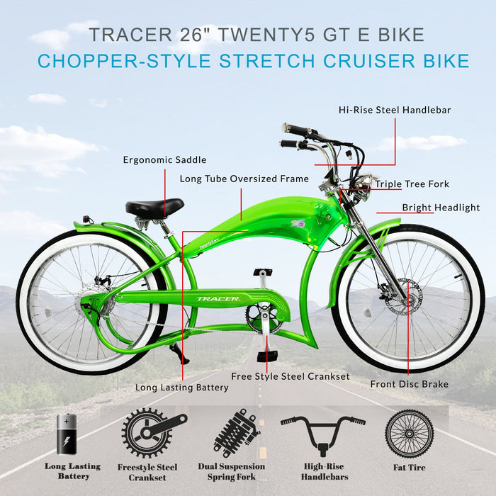 Tracer Twenty5 GT 500W 26" Chopper Cruiser E-Bikes