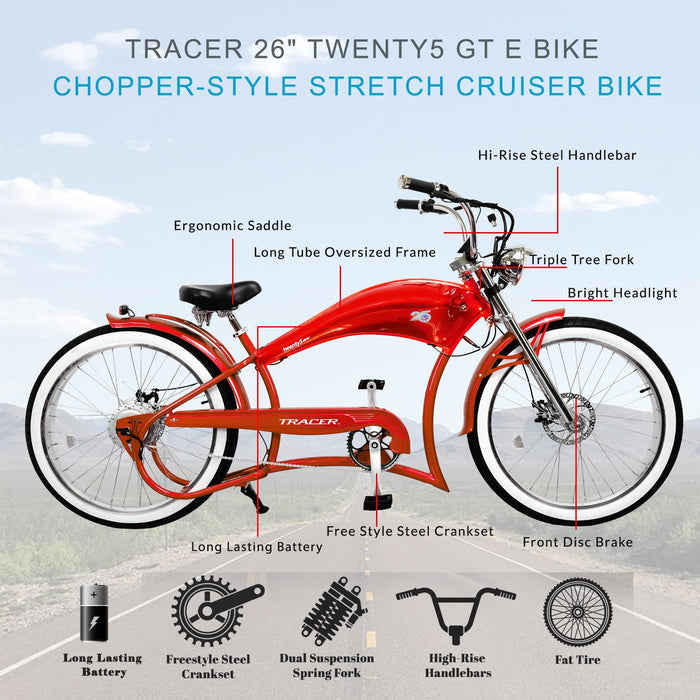 Tracer Twenty5 GT 500W 26" Chopper Cruiser E-Bikes